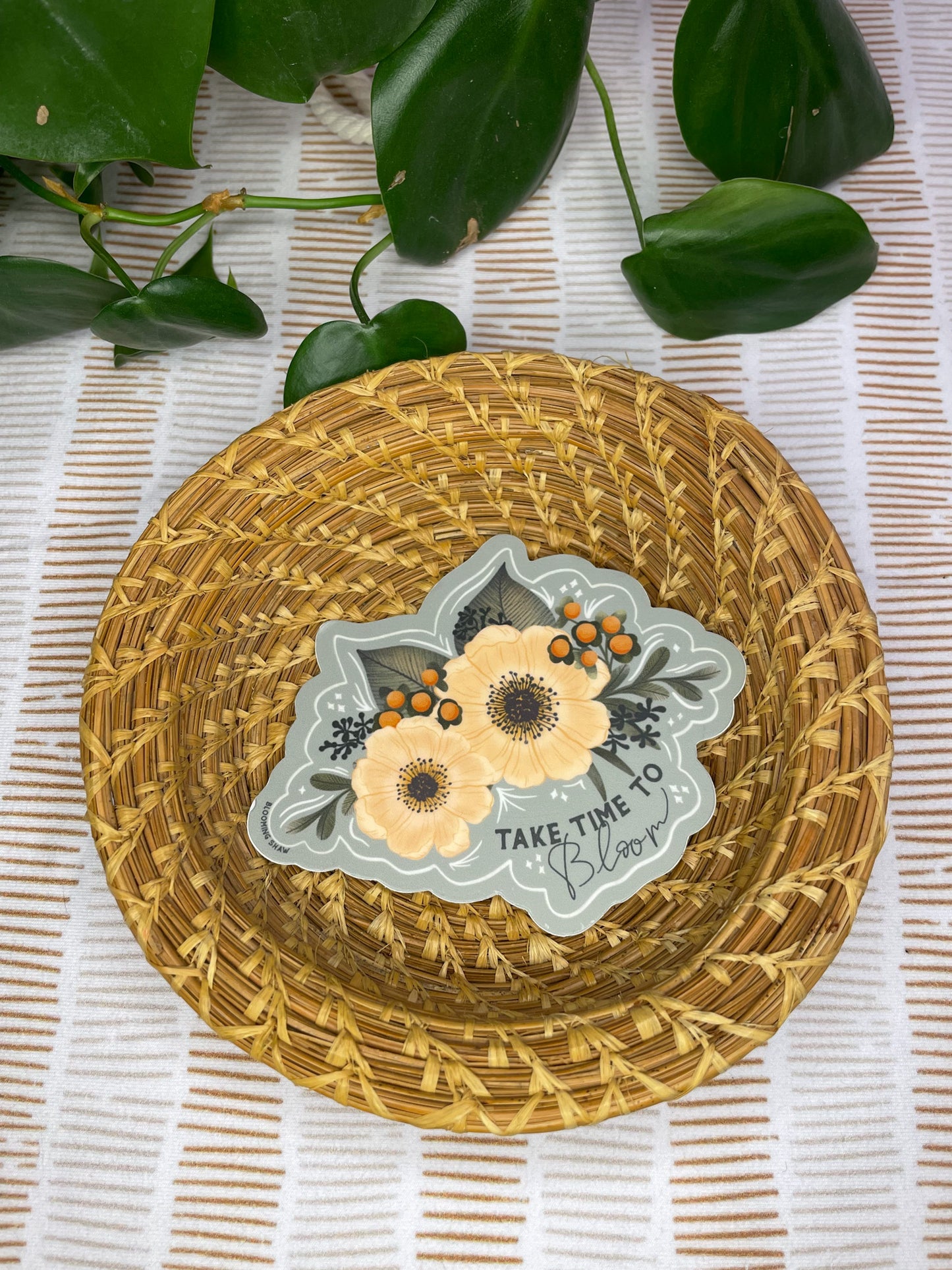 Magic Blooms- "Take Time to Bloom" Floral & Berries on Deep Sage, 3.5" x 3"