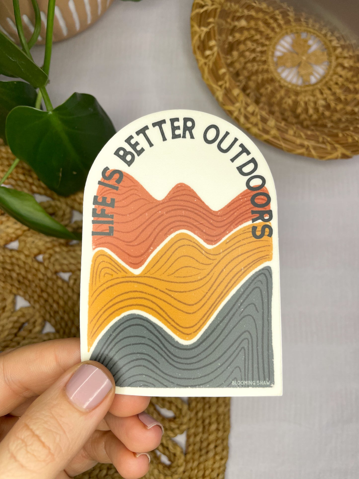 "Life is Better Outdoors" Multi-colored Mountains on Cream, 2.58" x 3.75"