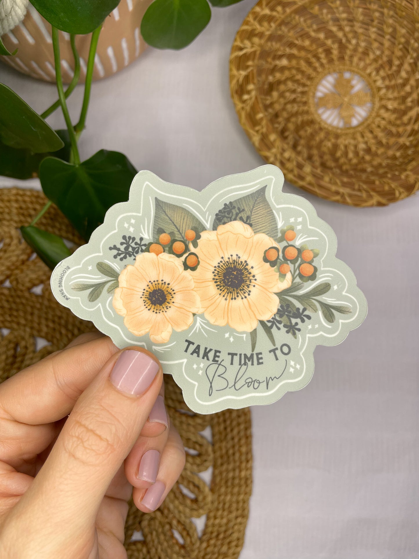 Magic Blooms- "Take Time to Bloom" Floral & Berries on Deep Sage, 3.5" x 3"