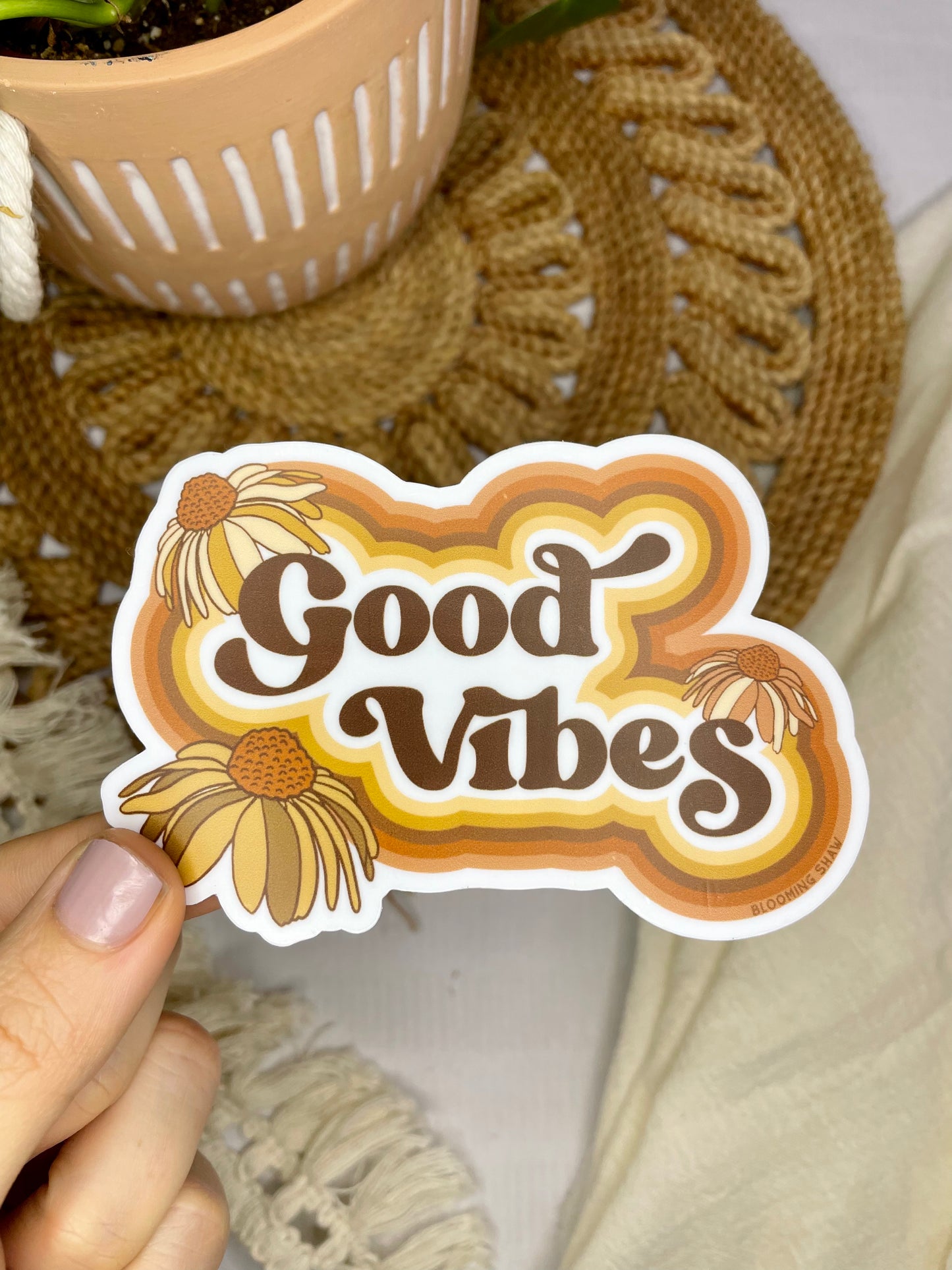 "Good Vibes" Tonal Brown and Yellow, 3.96" x 2.6"