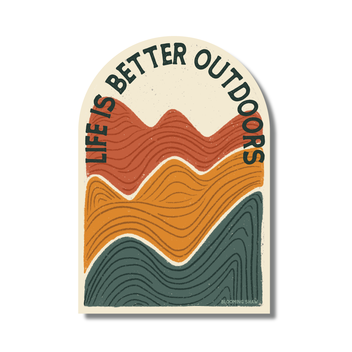 "Life is Better Outdoors" Multi-colored Mountains on Cream, 2.58" x 3.75"