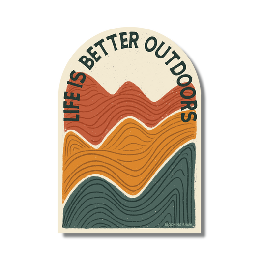 "Life is Better Outdoors" Multi-colored Mountains on Cream, 2.58" x 3.75"