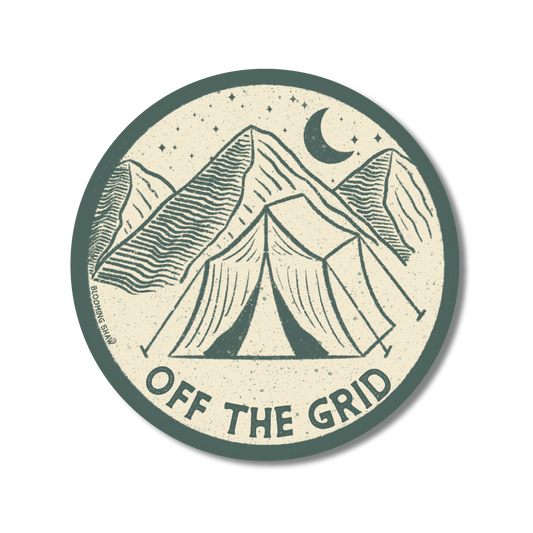 "Off the Grid" Deep Blue and Cream Camping, 3.25" x 3.25"