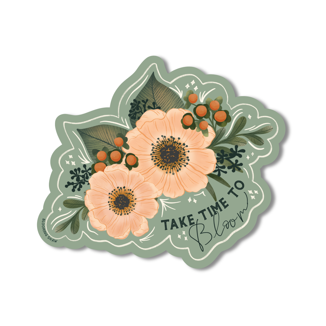 Magic Blooms- "Take Time to Bloom" Floral & Berries on Deep Sage, 3.5" x 3"