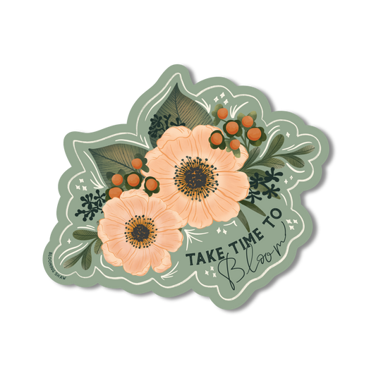 Magic Blooms- "Take Time to Bloom" Floral & Berries on Deep Sage, 3.5" x 3"