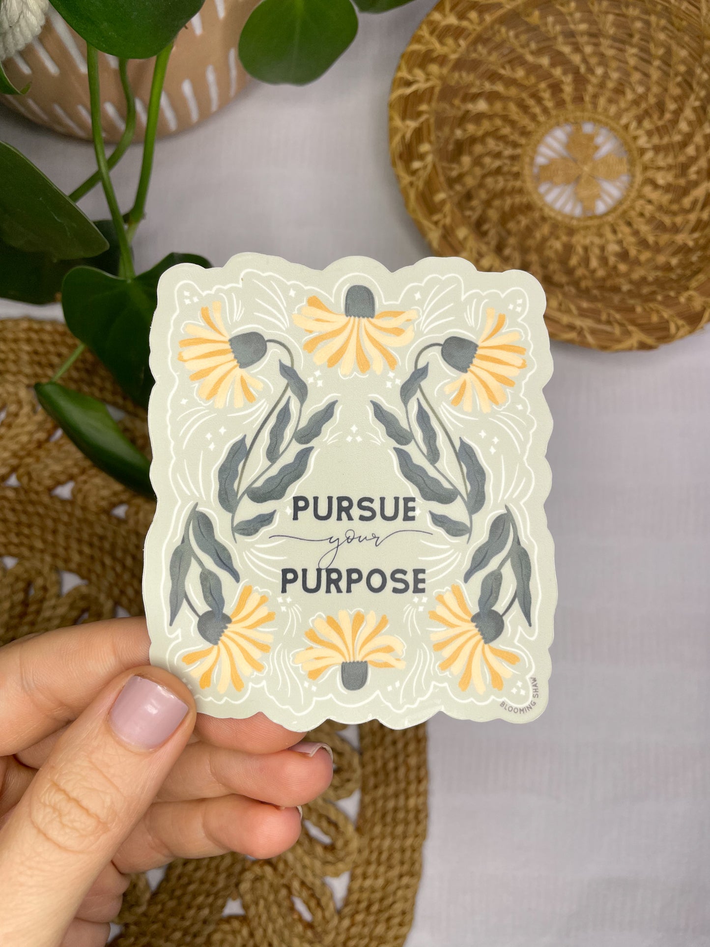 Magic Blooms- "Pursue Your Purpose" Dandelion Floral on Sage, 3.05" x 3.5"