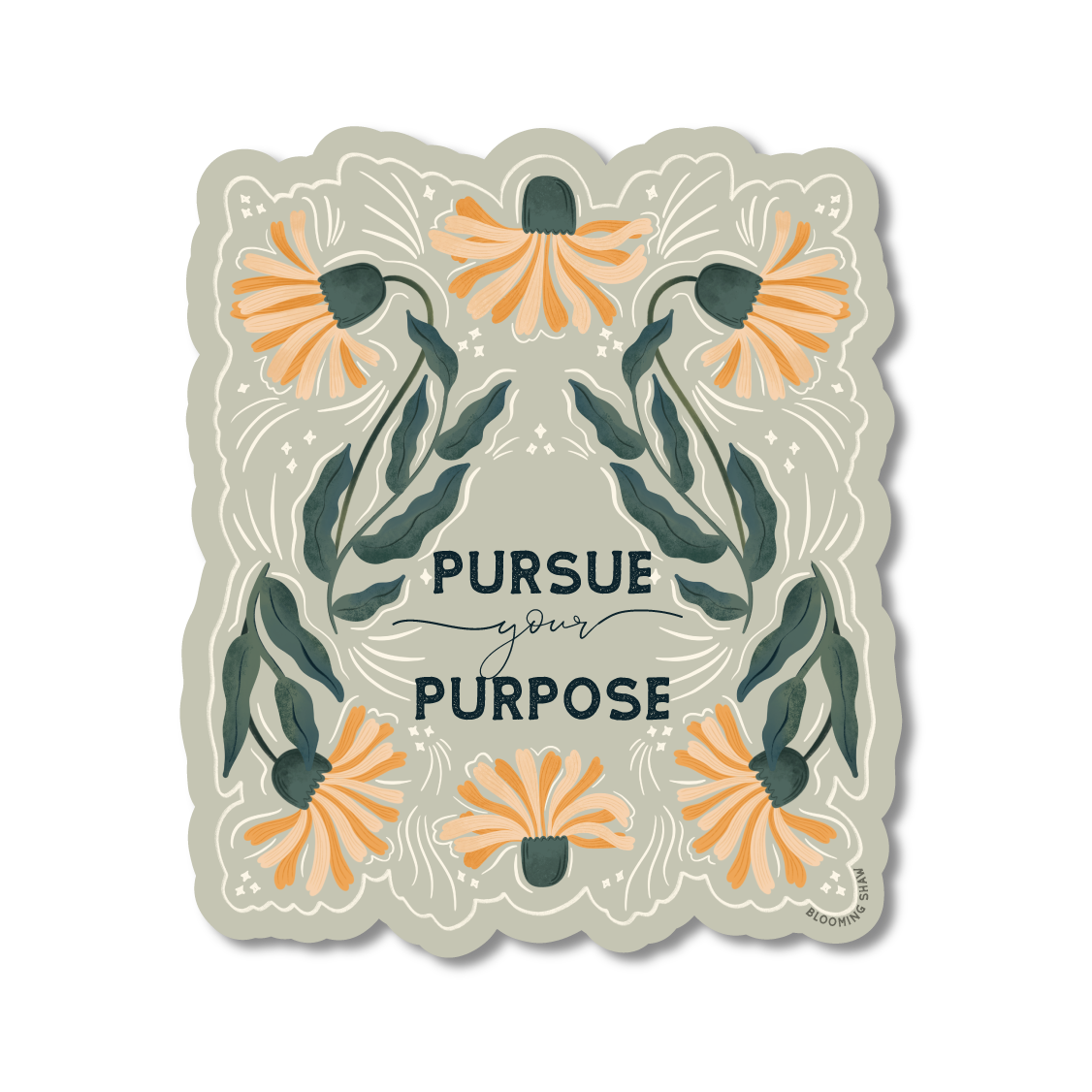 Magic Blooms- "Pursue Your Purpose" Dandelion Floral on Sage, 3.05" x 3.5"